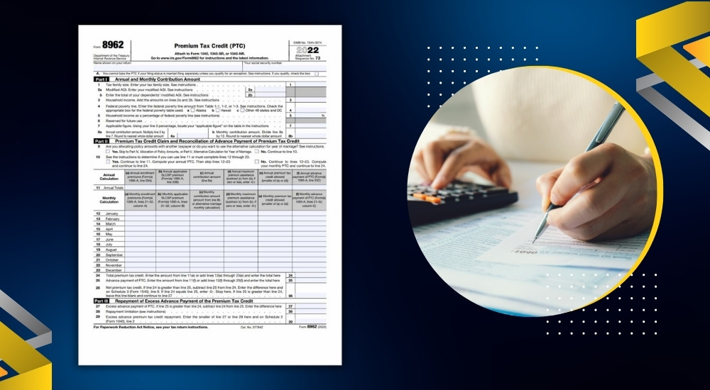 The first page of the printable 8962 tax form, and a hand holding a pen.